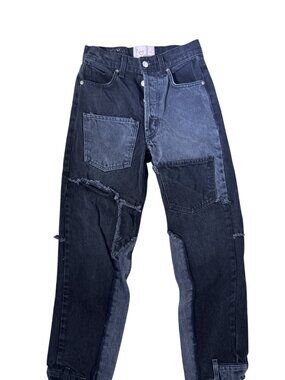 REVICE Denim Matchmaker Patchwork Jeans Size 24 Black Grey Distressed Button Fly